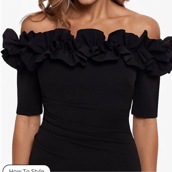 NWT Xscape Ruffled Off-the-Shoulder Short Sleeve Crepe Sheath Gown - Picture 3 of 6